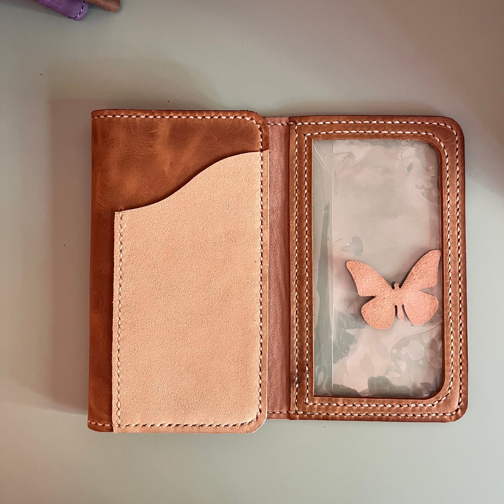 Ready to ship Weeks Areti trifold leather cover in Sequoia and Deep Salmon