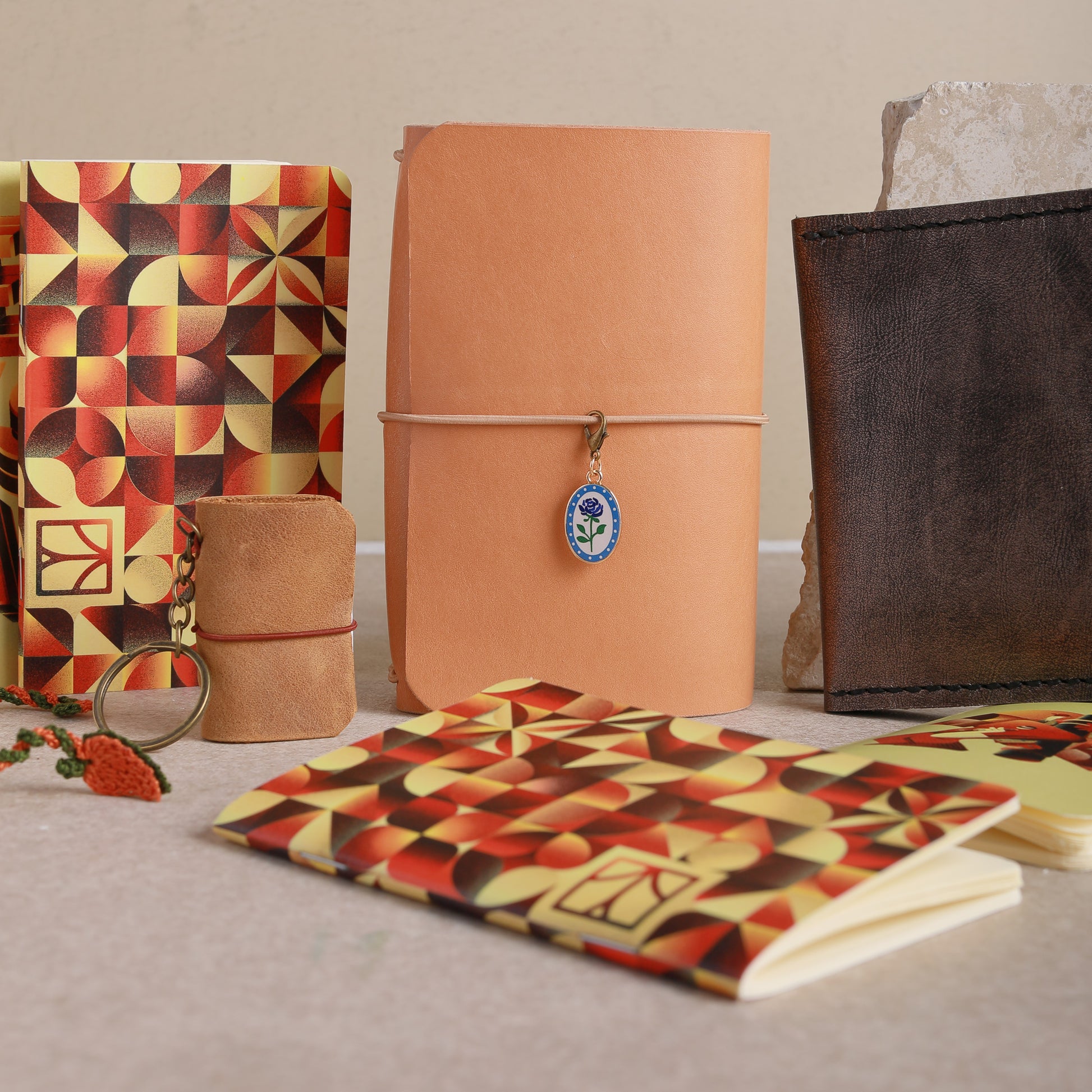 Traveler's Elysian Ritual bundle with leather cover, notebook inserts, leather insert wallet , key chain and charm