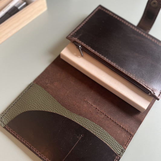 trifold leather planner cover with adjustable pen case
