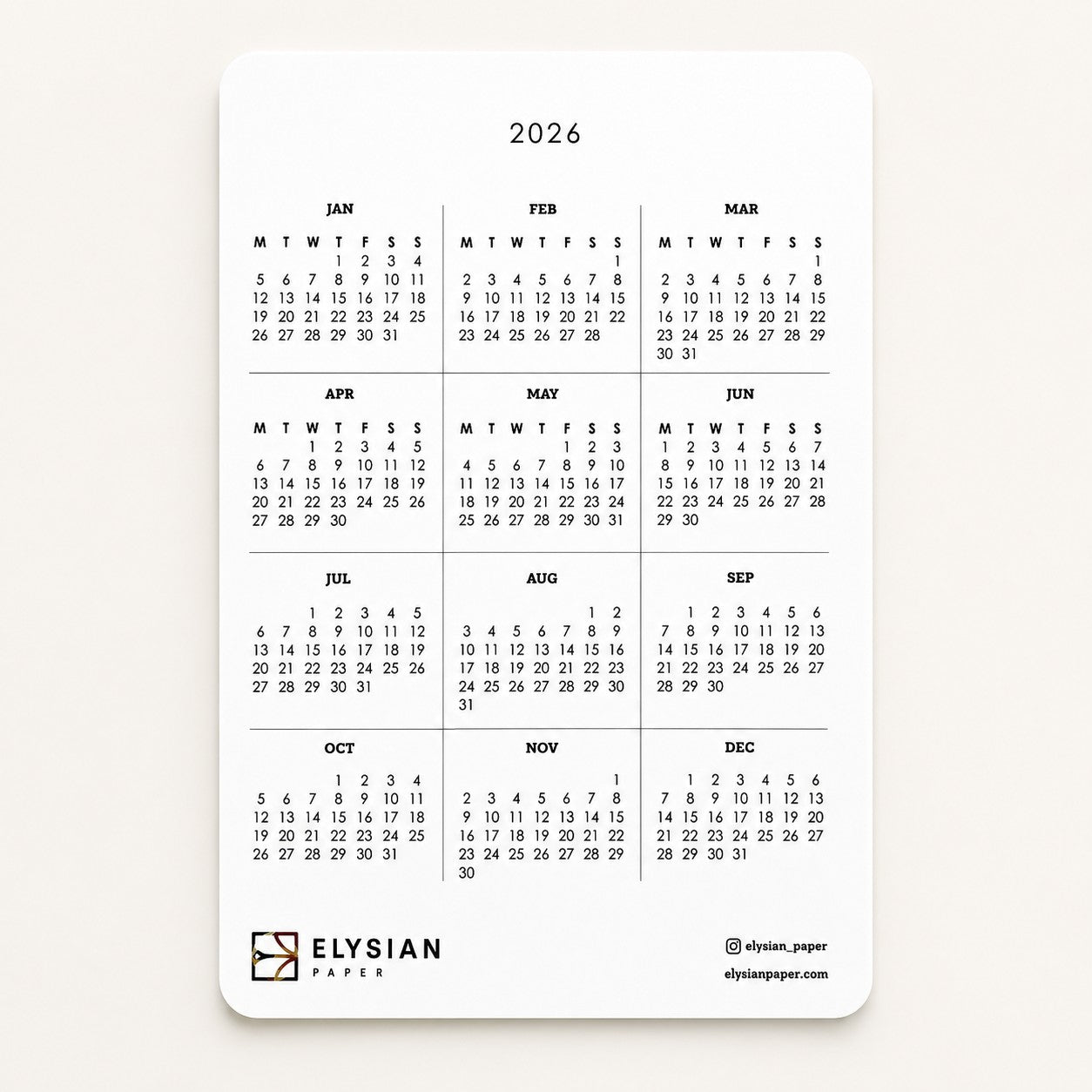 English 2026 yearly calendar on the back of The Year Companion card